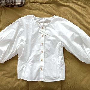 Caron Callahan Crisp White Button Down Shirt with Puffy Sleeves